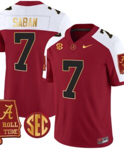 Alternative view of Nick Saban Alabama Crimson Tide #7 Champions Gold Trim Vapor Jersey - All Stitched