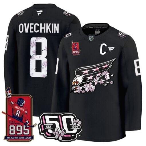 Ovechkin Washington Capitals All-Time Leading Goals Leader Patch Cherry Blossom Premium Jersey - All Stitched - Image 2