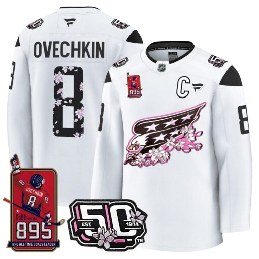 Ovechkin Washington Capitals All-Time Leading Goals Leader Patch Cherry Blossom Premium Jersey - All Stitched - Image 5