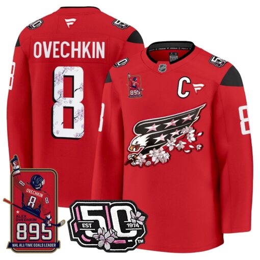 Ovechkin Washington Capitals All-Time Leading Goals Leader Patch Cherry Blossom Premium Jersey - All Stitched - Image 3