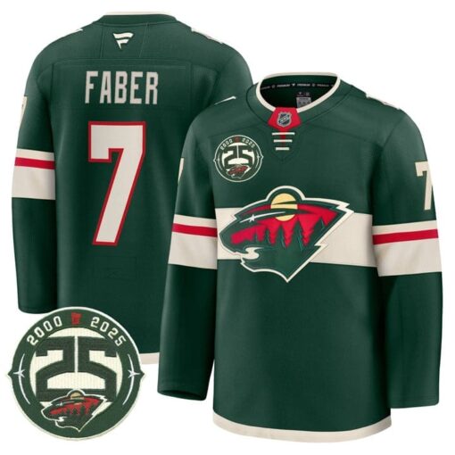 Brock Faber Jersey #7 Minnesota Wild 25th Anniversary Patch Stitched Green - Image 2