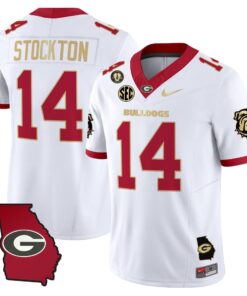 Gunner Stockton Jersey 14 Georgia Bulldogs 2025 Georgia Map Vince Dooley Stitched White Gold Trim