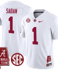Alternative view of Nick Saban Jersey #1 Alabama Crimson Throwback Alabama Map Stitched
