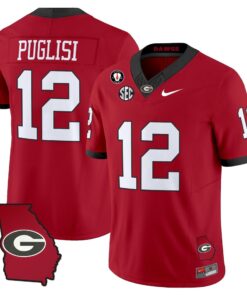 Ryan Puglisi Jersey 12 Georgia Bulldogs 2025 Georgia Map Vince Dooley Stitched Red
