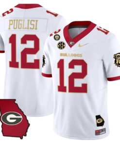 Ryan Puglisi Jersey 12 Georgia Bulldogs 2025 Georgia Map Vince Dooley Stitched White Gold Trim