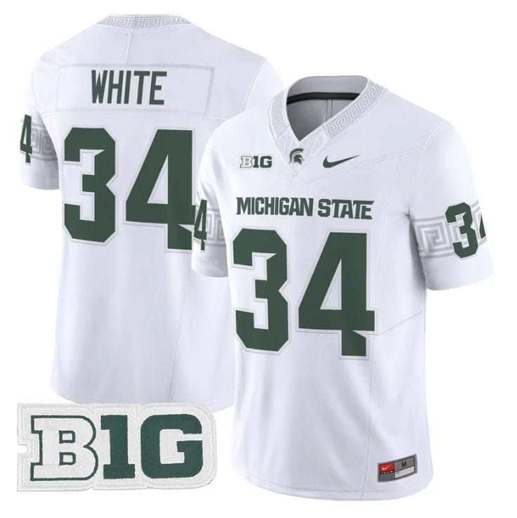 Lorenzo White Jersey #34 Michigan State Spartans 2025 Vapor Stitched White 1 Lorenzo White Jersey #34 Michigan State Spartans 2025 Vapor Stitched White
