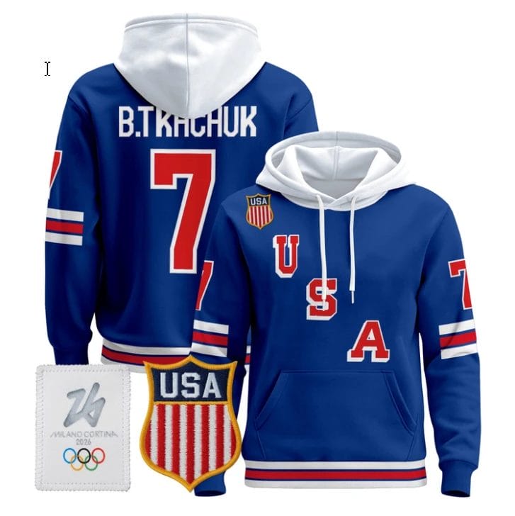 Brady Tkachuk 7 USA Olympic 2026 Premium Hockey Pullover Hoodie Stitched Royal