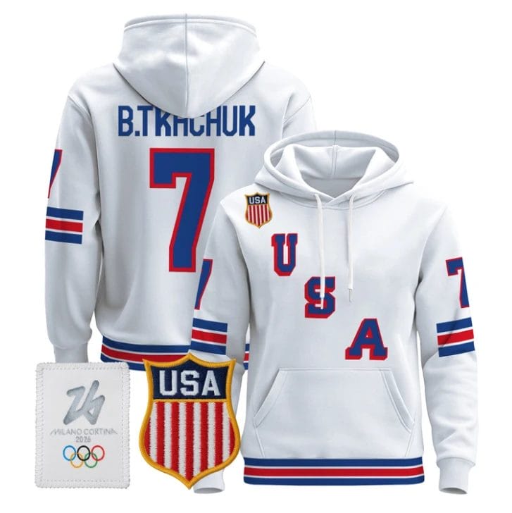 Brady Tkachuk #7 USA Olympic 2026 Premium Hockey Pullover Hoodie Stitched - Image 2