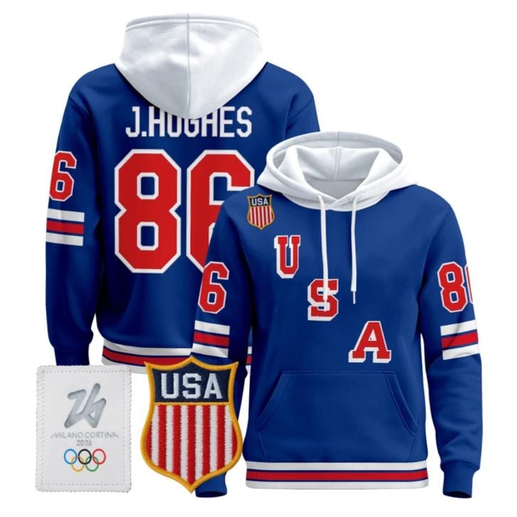 Jack Hughes 86 2026 USA Olympic Premium Hockey Pullover Hoodie Stitched Royal