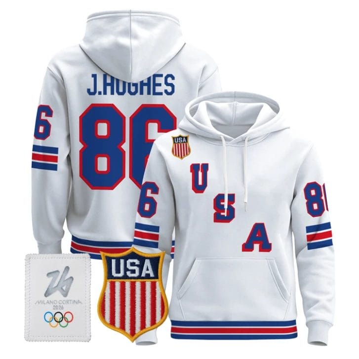 Jack Hughes #86 2026 USA Olympic Premium Hockey Pullover Hoodie Stitched - Image 2