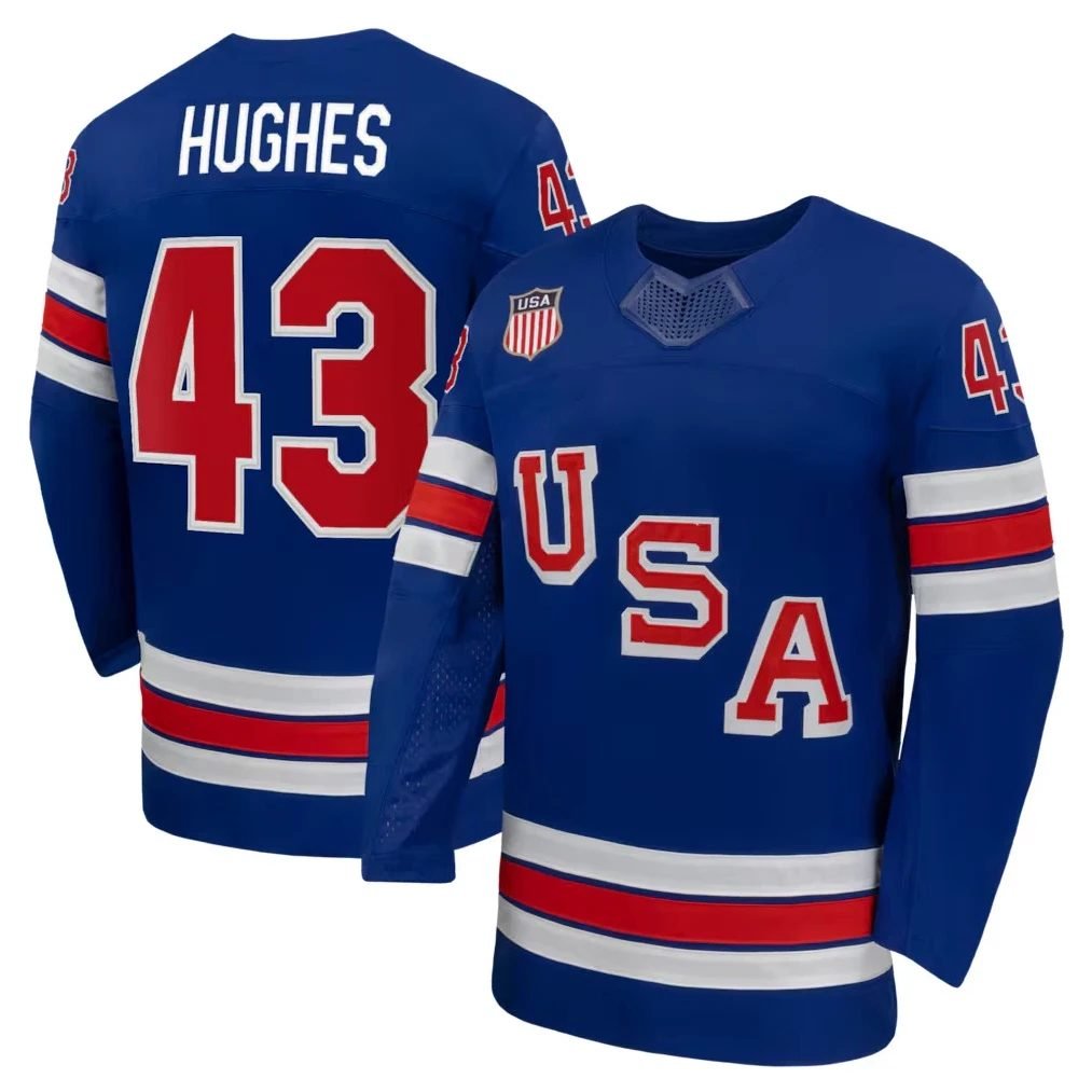 QuinnHughesJerseyTeamUSAWinterOlympics2026HockeyPremiumSTITCHEDBlue