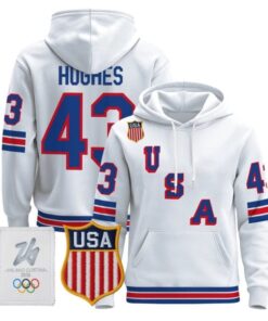 Alternative view of Quinn Hughes #43 USA Olympic 2026 Premium Hockey Pullover Hoodie Stitched Royal
