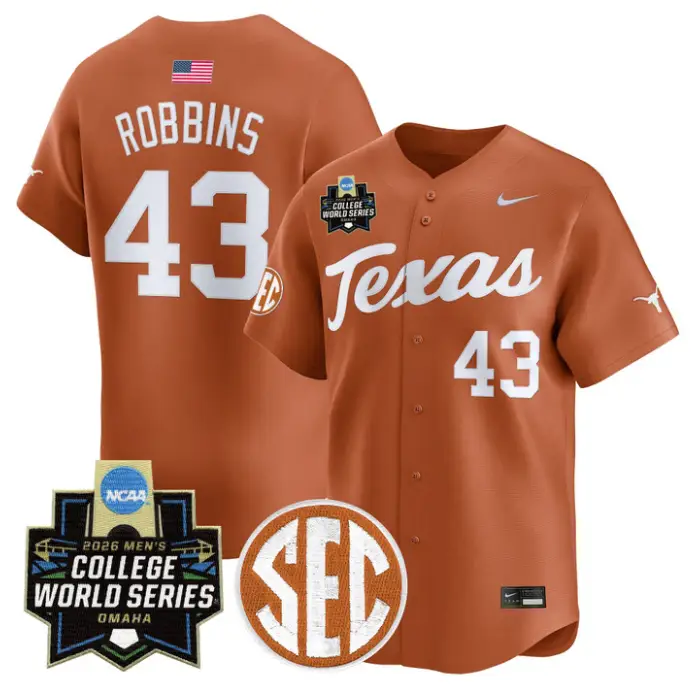 Aiden Robbins Jersey #43 Texas Longhorns 2026 World Series Stitched by My Store