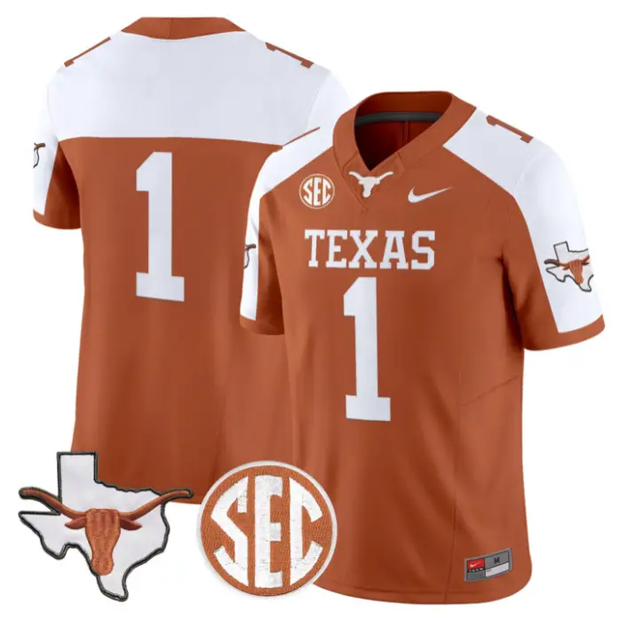 Team Jersey #1 Texas Longhorns 2026 Map and SEC Patch Stitched 3 Team Jersey #1 Texas Longhorns 2026 Map and SEC Patch Stitched by My Store NCAA Football Jerseys