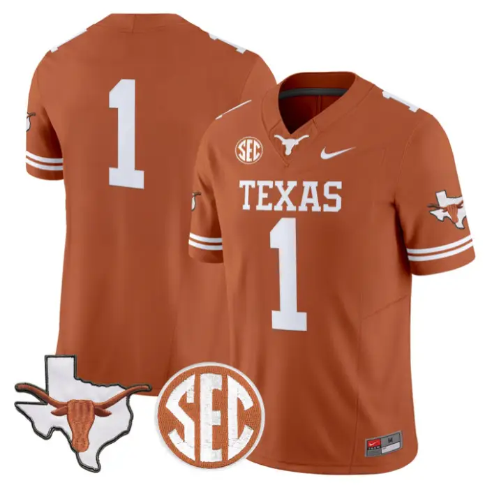 Team Jersey #1 Texas Longhorns 2026 Map and SEC Patch Stitched 4 Team Jersey #1 Texas Longhorns 2026 Map and SEC Patch Stitched by My Store NCAA Football Jerseys