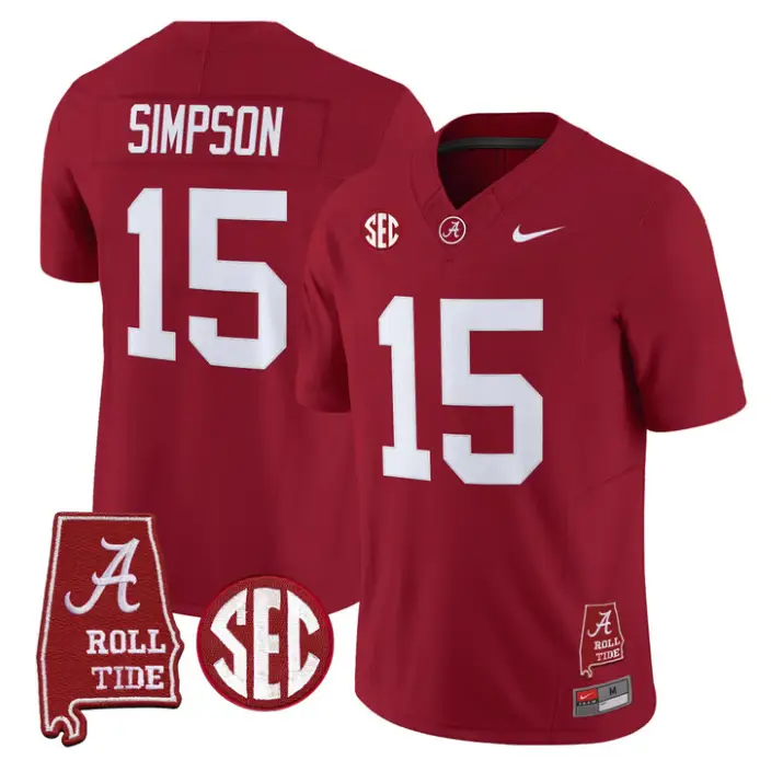 Ty_Simpson_Jersey_15_Alabama_Crimson_2026_SEC_Patch_Stitched_Crimson - Malcom Terry Ty Simpson Jersey #15 Alabama Crimson 2026 SEC Patch Stitched by My Store NCAA Football Jerseys
