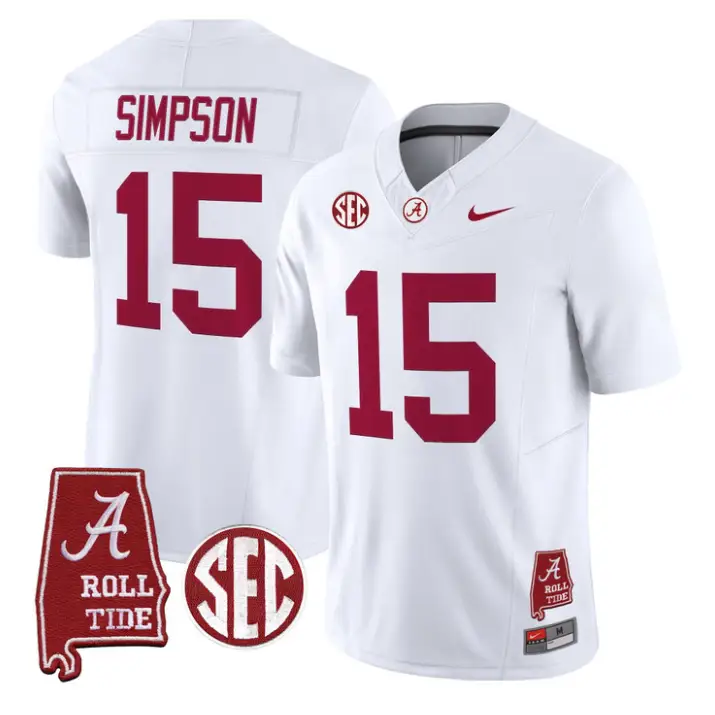 Ty_Simpson_Jersey_15_Alabama_Crimson_2026_SEC_Patch_Stitched_White - Malcom Terry Ty Simpson Jersey #15 Alabama Crimson 2026 SEC Patch Stitched by My Store NCAA Football Jerseys