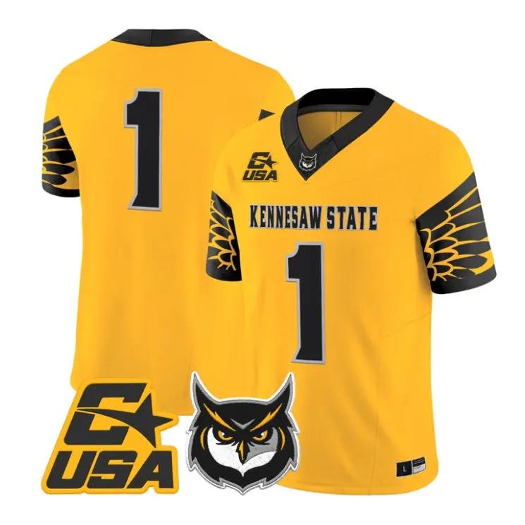 Team_Jersey_1_Kennesaw_State_Owls_2026_Vapor_Limited_All_Stitched_Gold - Malcom Terry Team Jersey #1 Kennesaw State Owls 2026 Vapor Limited All Stitched by My Store NCAA Football Jerseys