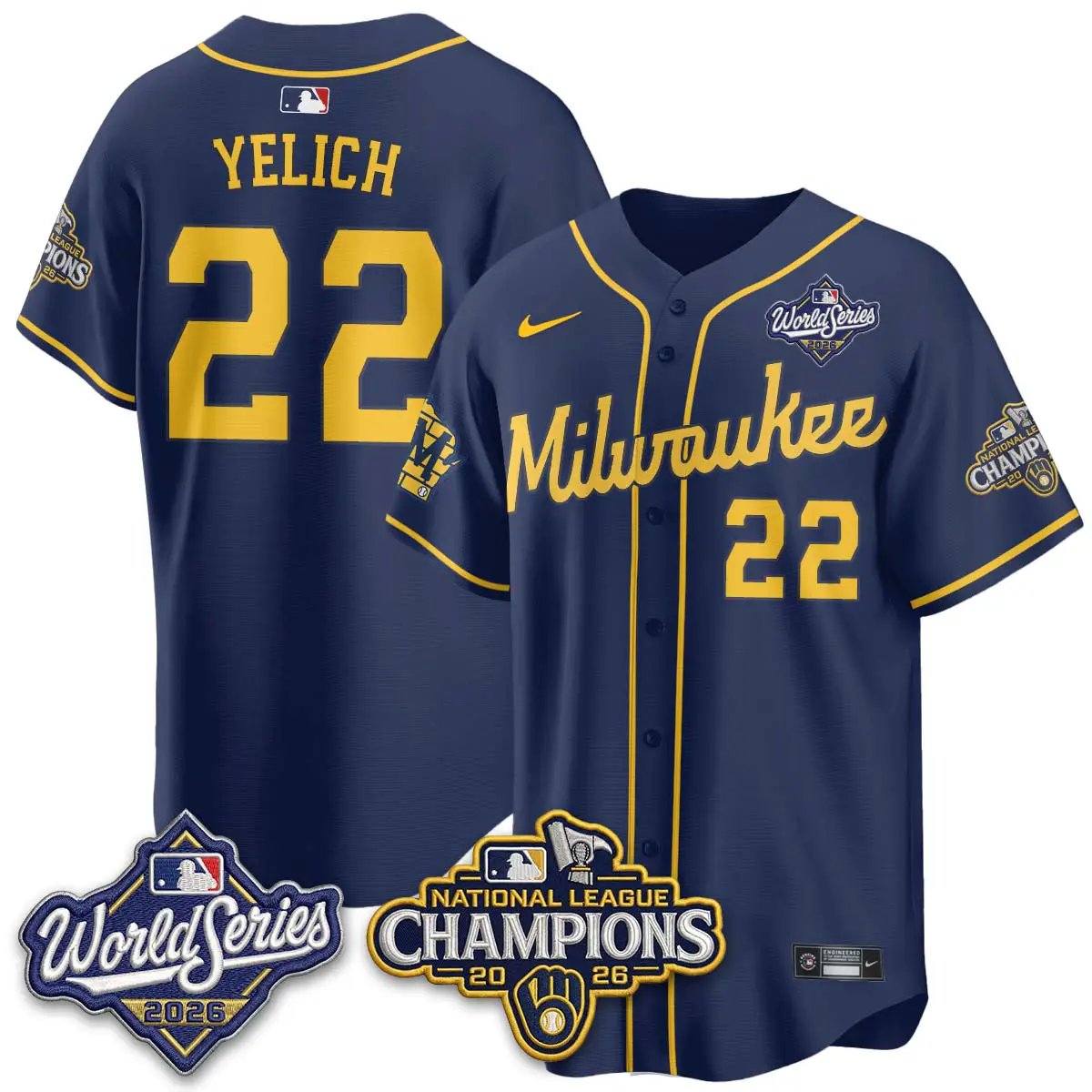 Christian Yelich Jersey #22 Milwaukee Brewers 2026 NL Champions Vapor Stitched - Malcom Terry Christian Yelich Jersey #22 Milwaukee Brewers 2026 NL Champions Vapor Stitched