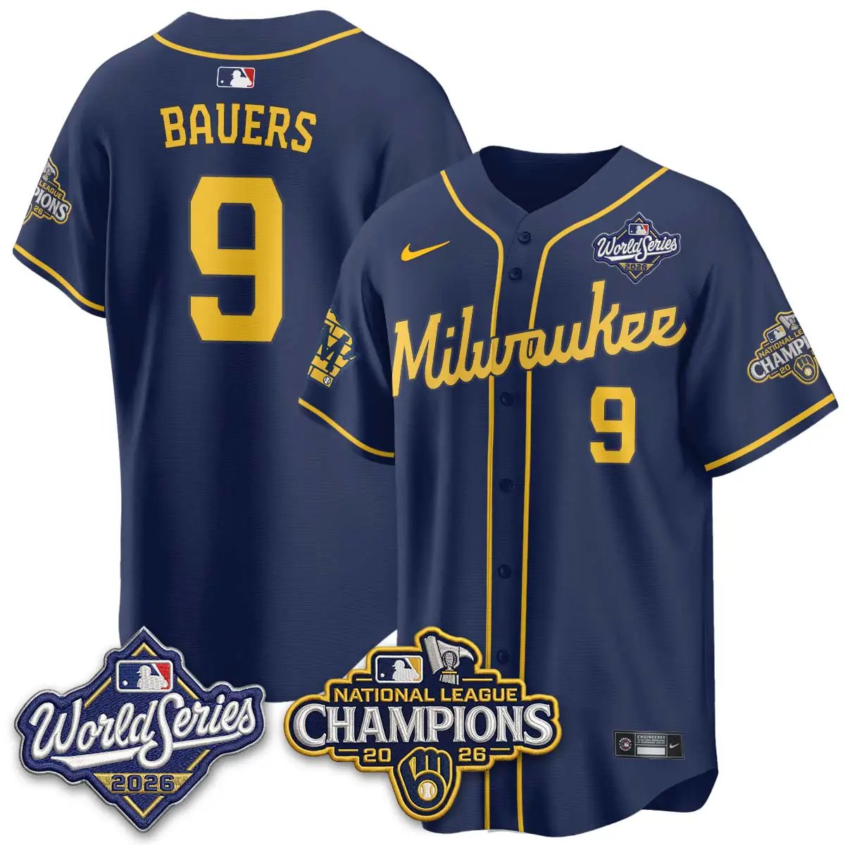 Jake Bauers Jersey #9 Milwaukee Brewers 2026 NL Champions Vapor Stitched - Malcom Terry Jake Bauers Jersey #9 Milwaukee Brewers 2026 NL Champions Vapor Stitched